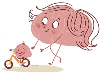 desenho em formato de cerébro de uma mãe empurrando seu filho na bicicleta