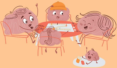 desenho de uma família em formato de cerébros jogando um jogo de tabuleiro